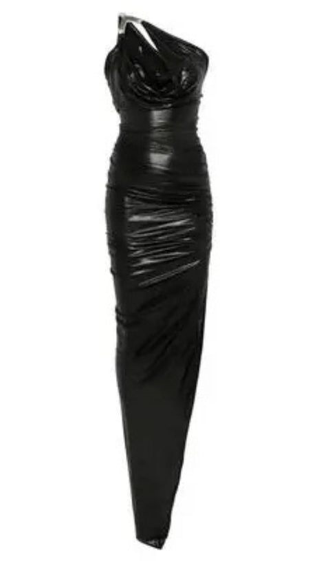 ONE-SHOULDER SLEEVELESS RUCHED BODYCON MAXI DRESS IN BLACK