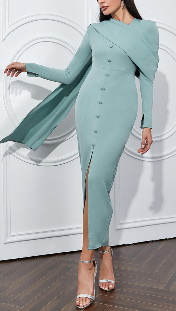 AIIZIE GRAY AND BLUE SINGLE-BREASTED BUTTON LONG-SLEEVED FRILL V-NECK RIBBON MIDI DRESS - product image