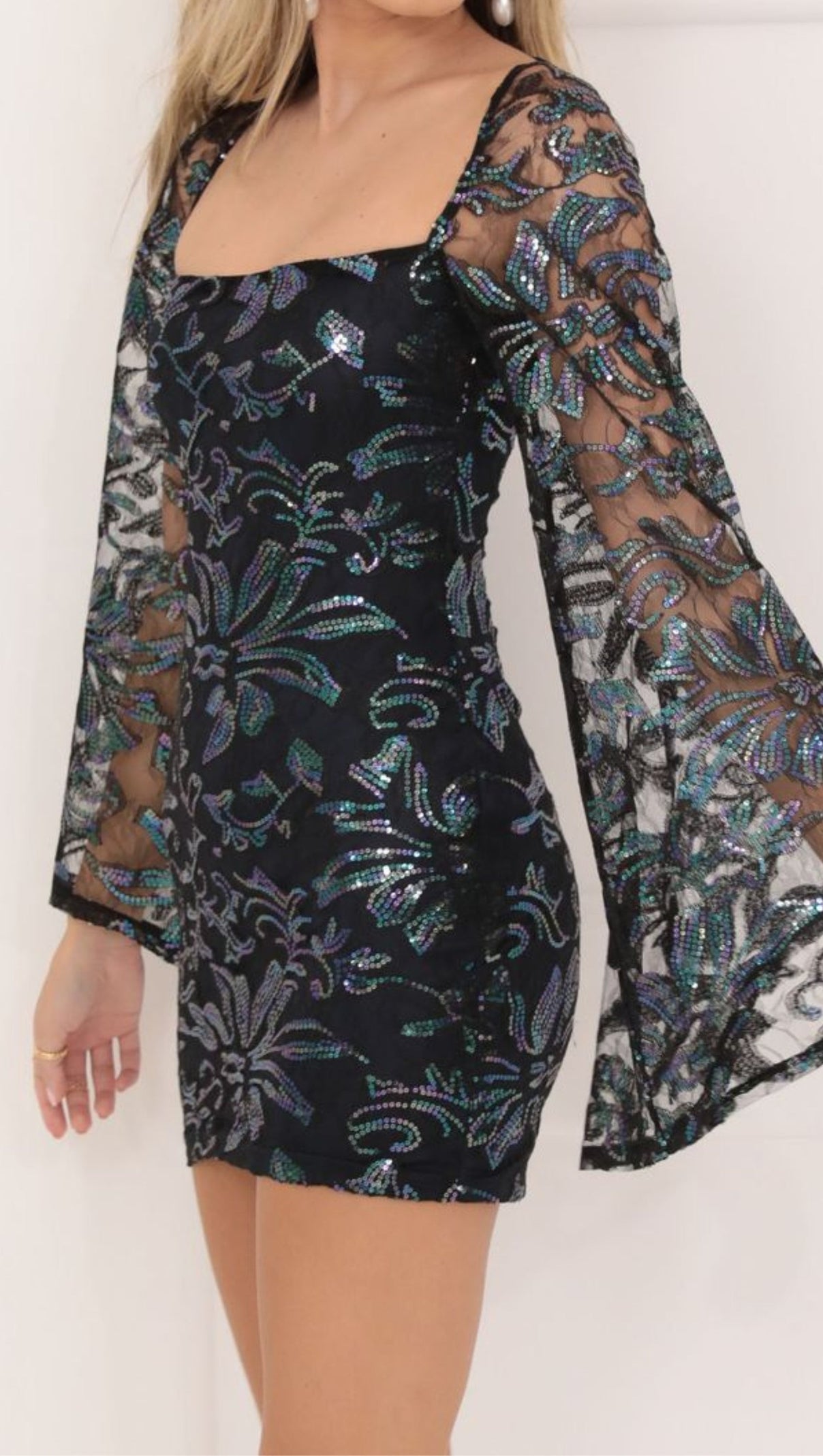 AIIZIE BLACK MESH SEQUIN FLARE SLEEVE DRESS IN NAVY - product image
