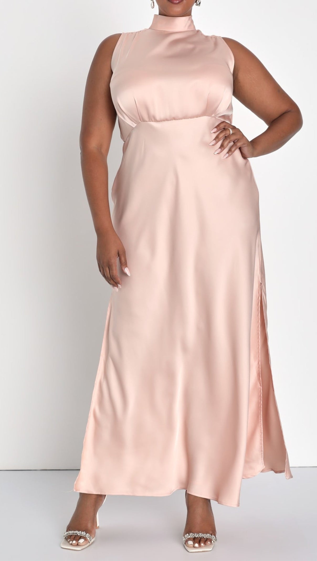 AIIZIE BLUSH SATIN SLEEVELESS MOCK NECK MAXI DRESS - product image