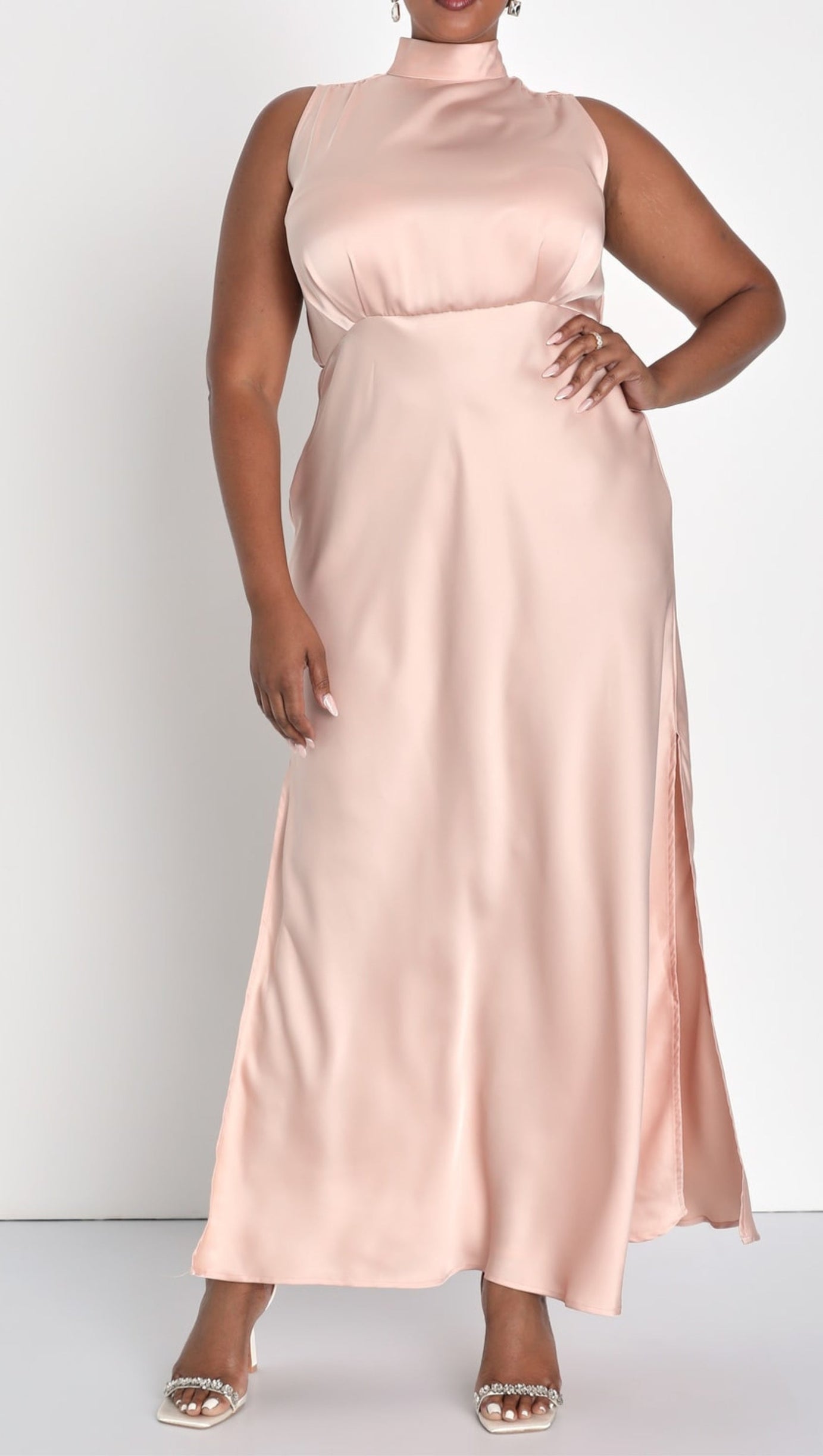 BLUSH SATIN SLEEVELESS MOCK NECK MAXI DRESS