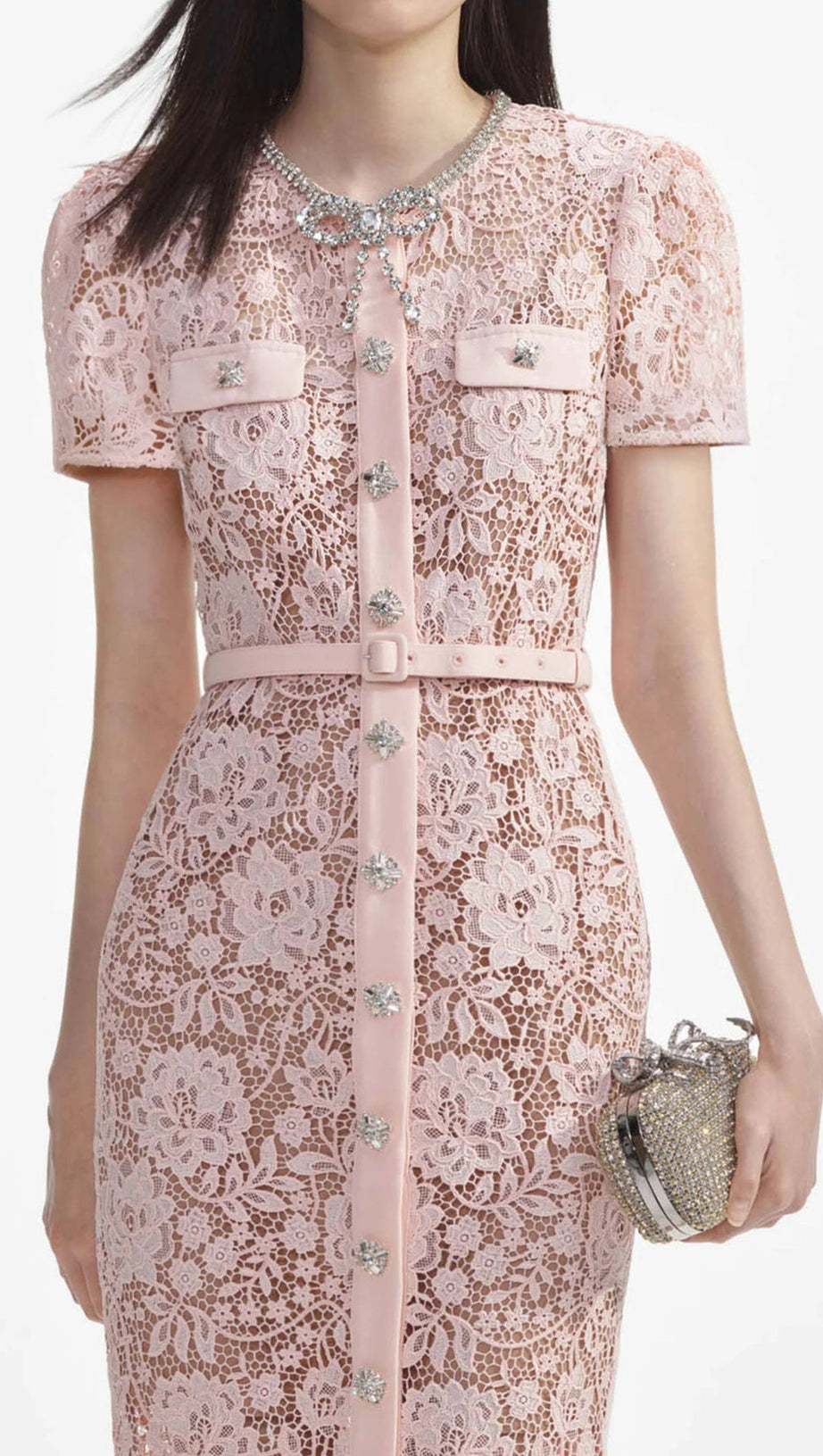 PINK LACE DIAMANTE BOW MIDI DRESS