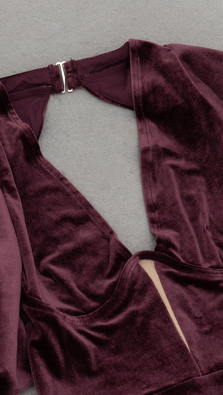 LANTERN SLEEVE VELVET MAXI DRESS IN BURGUNDY