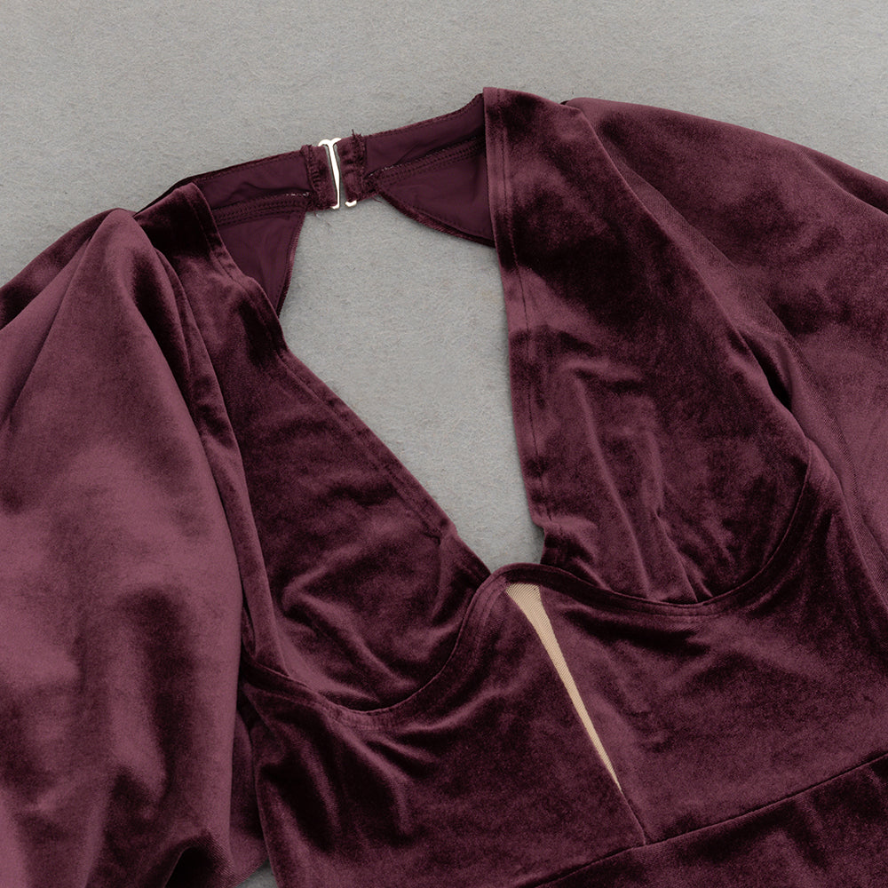 LANTERN SLEEVE VELVET MAXI DRESS IN BURGUNDY