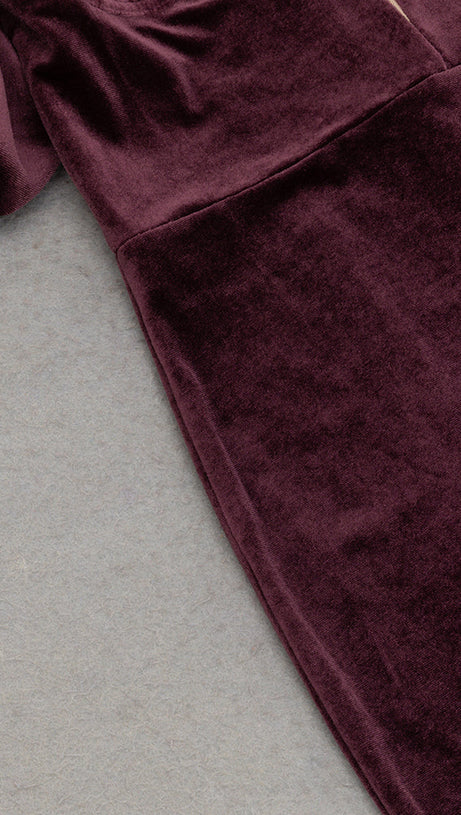 LANTERN SLEEVE VELVET MAXI DRESS IN BURGUNDY