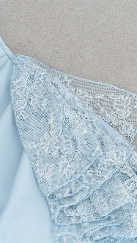 ONE-SHOULDER LACE TRIM EMBELLISHED MIDI DRESS IN BLUE