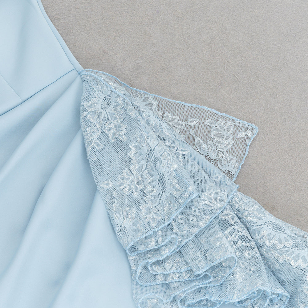 AIIZIE ONE-SHOULDER LACE TRIM EMBELLISHED MIDI DRESS IN BLUE - product image
