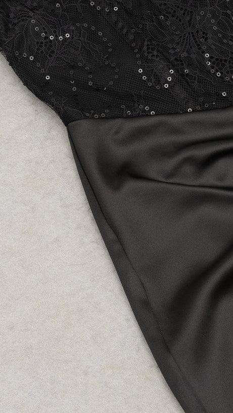 HELEN OFF-SHOULDER LACE RUCHED BODYCON BLACK MAXI DRESS