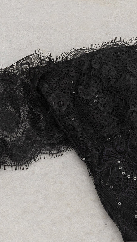 HELEN OFF-SHOULDER LACE RUCHED BODYCON BLACK MAXI DRESS