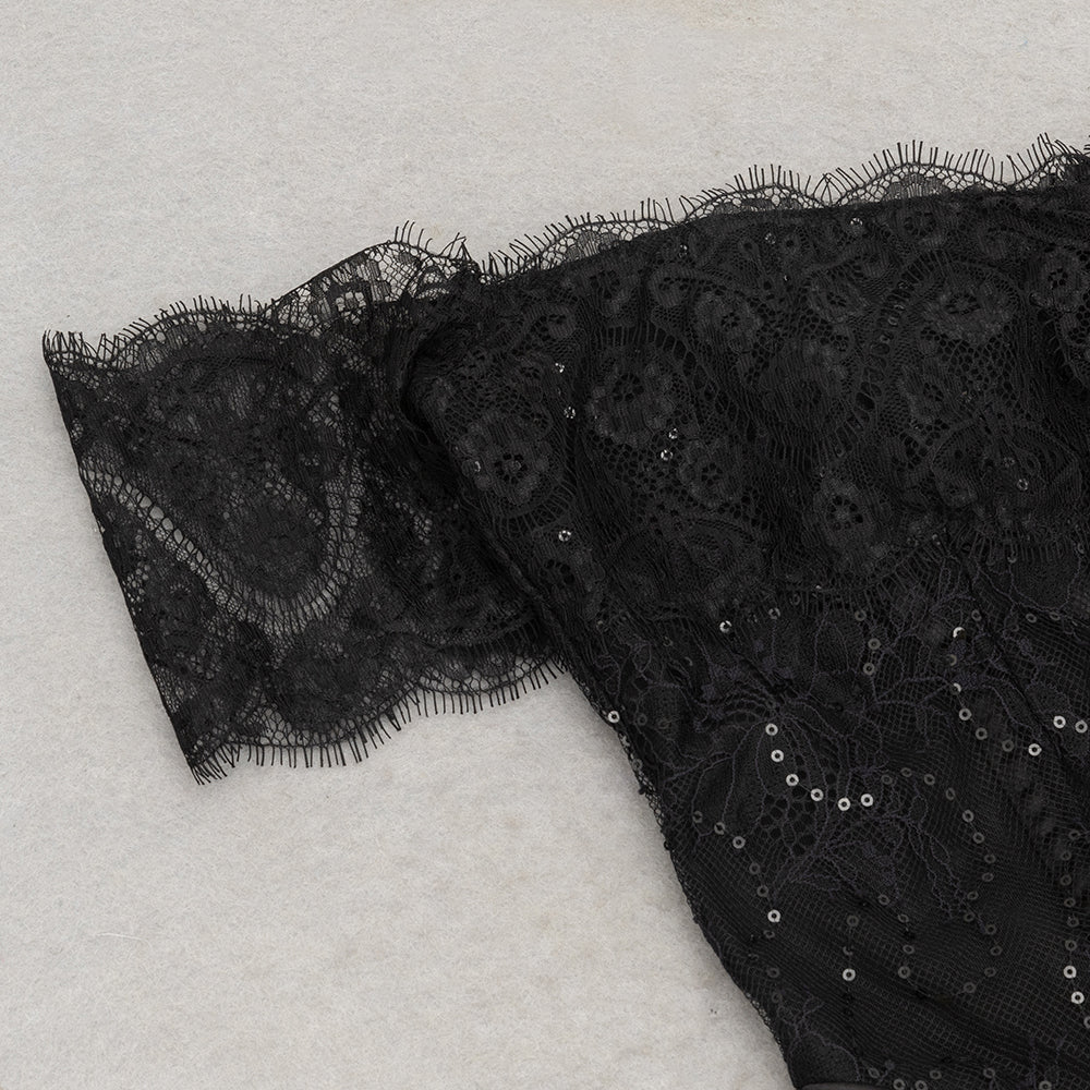 AIIZIE HELEN OFF-SHOULDER LACE RUCHED BODYCON BLACK MAXI DRESS - product image