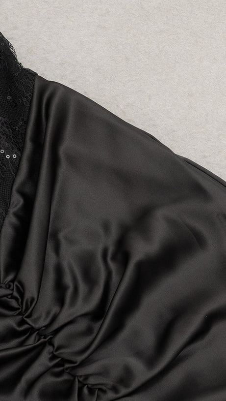 HELEN OFF-SHOULDER LACE RUCHED BODYCON BLACK MAXI DRESS