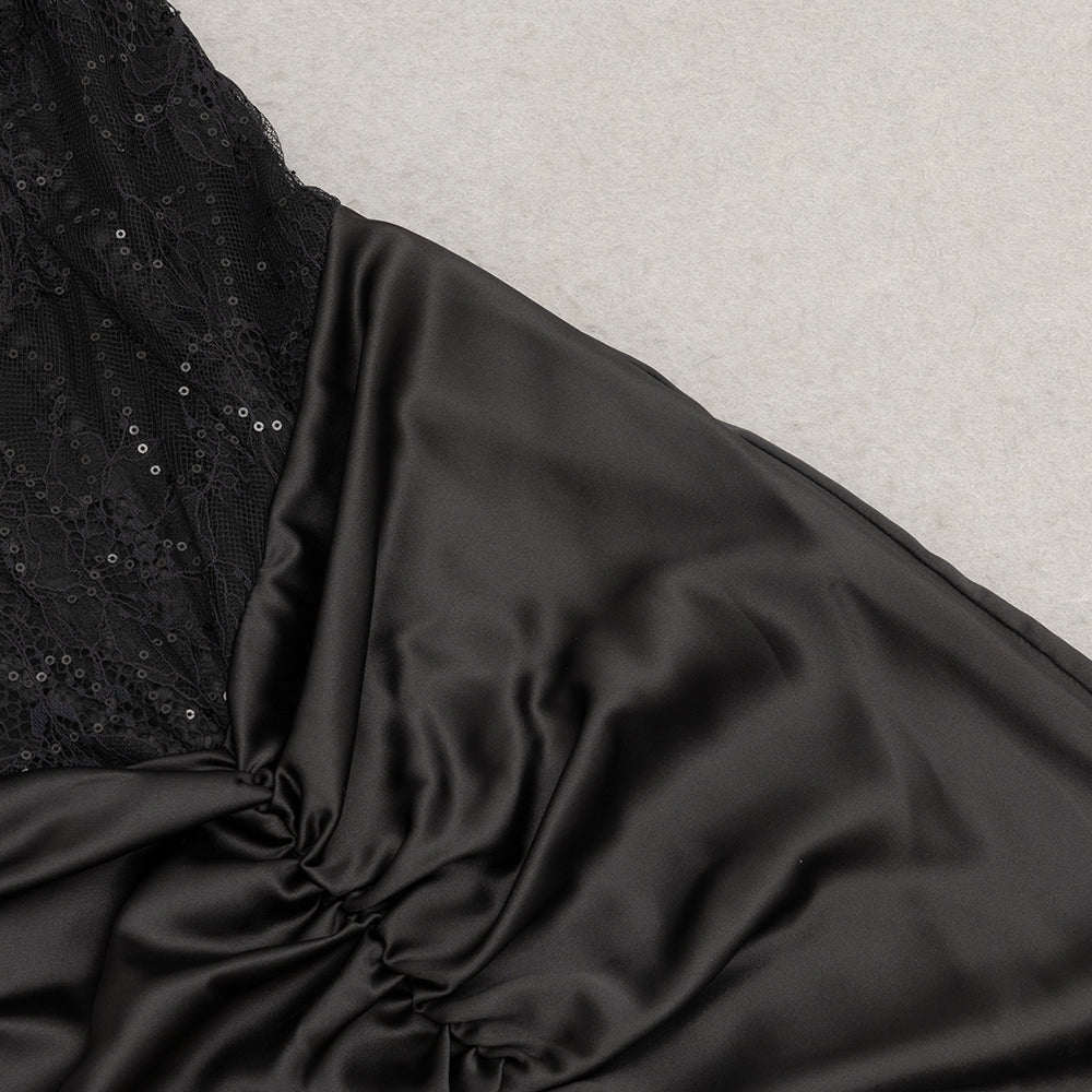 AIIZIE HELEN OFF-SHOULDER LACE RUCHED BODYCON BLACK MAXI DRESS - product image
