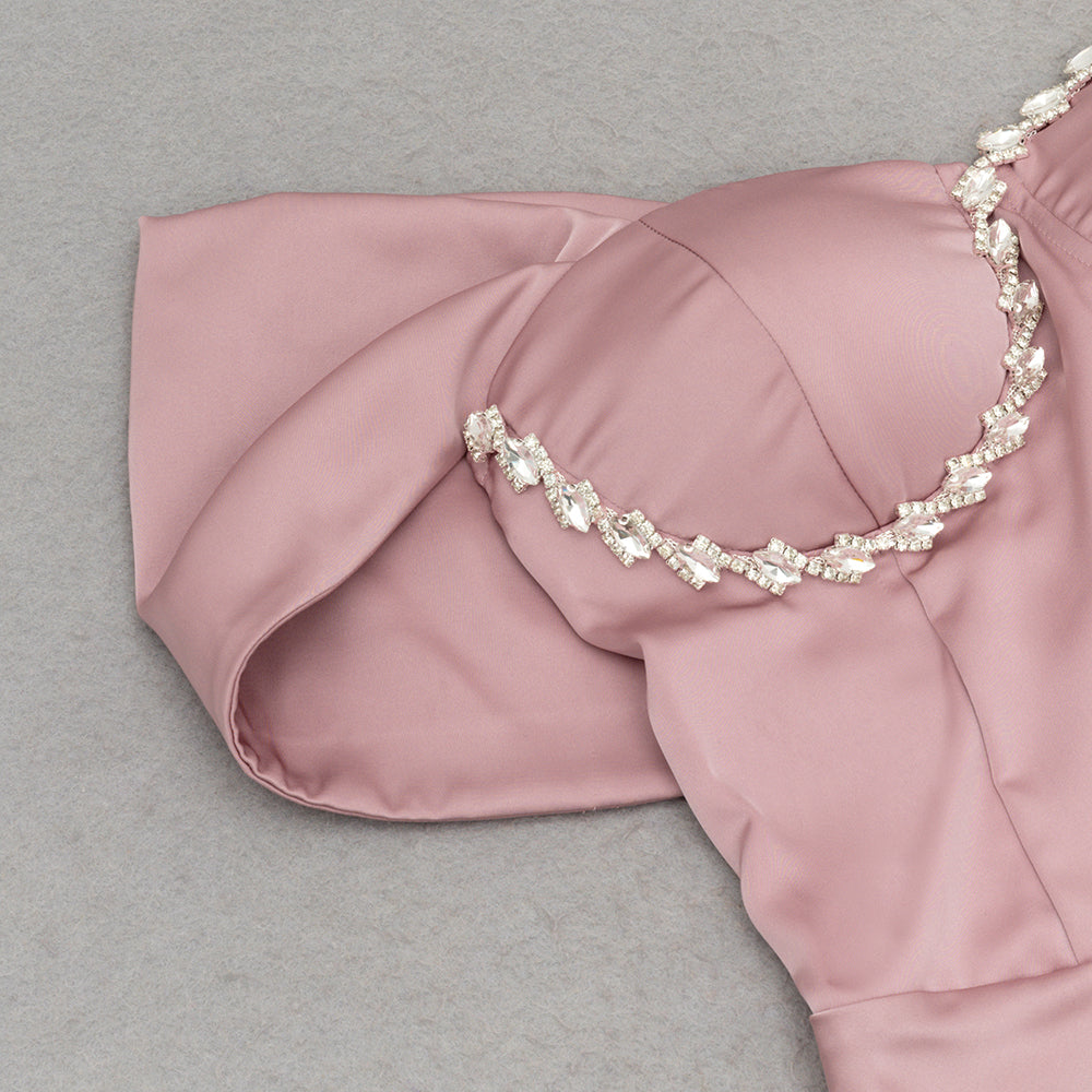 AIIZIE OFF-SHOULDER CRYSTAL DETAIL SATIN MAXI DRESS IN PINK - product image