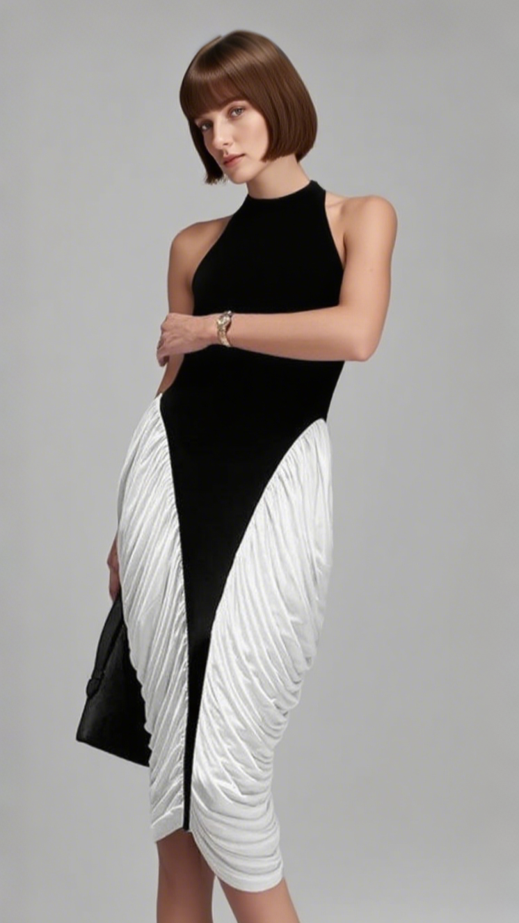 COLORBLOCK PATCHWORK SLEEVELESS PLEATED MIDI DRESS