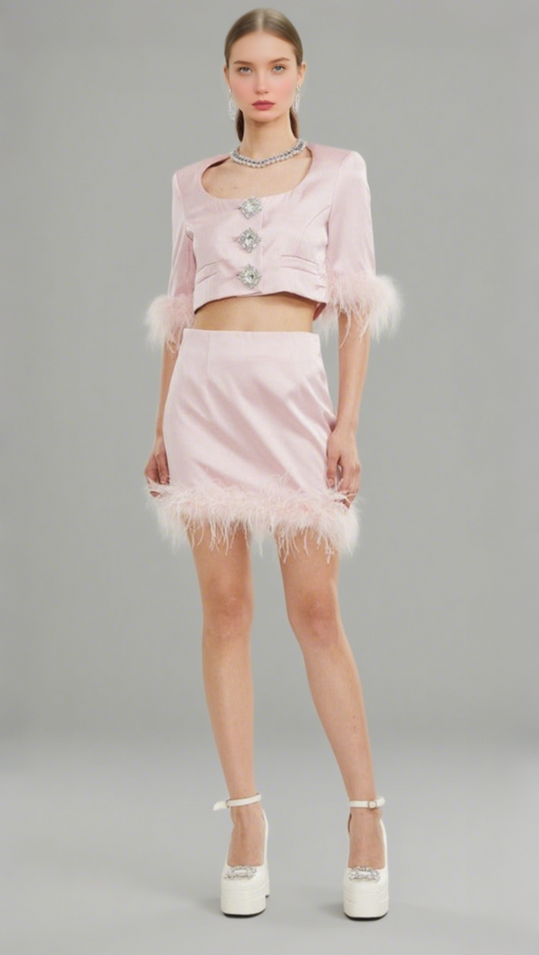 AIIZIE FLAVIA SATIN FEATHER TOP & SKIRT MATCHING SET - product image