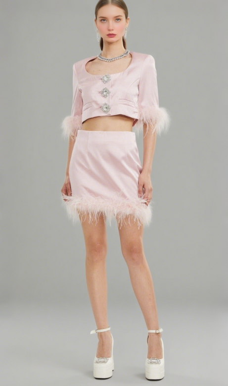 Flavia satin feather top & skirt matching set