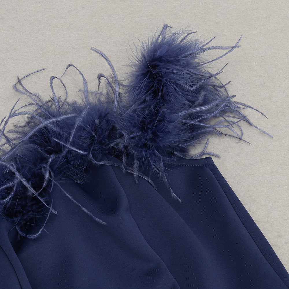 AIIZIE IRENE OFF SHOULDER FEATHER RUFFLE TRIM MAXI DRESS IN DARK BLUE - product image