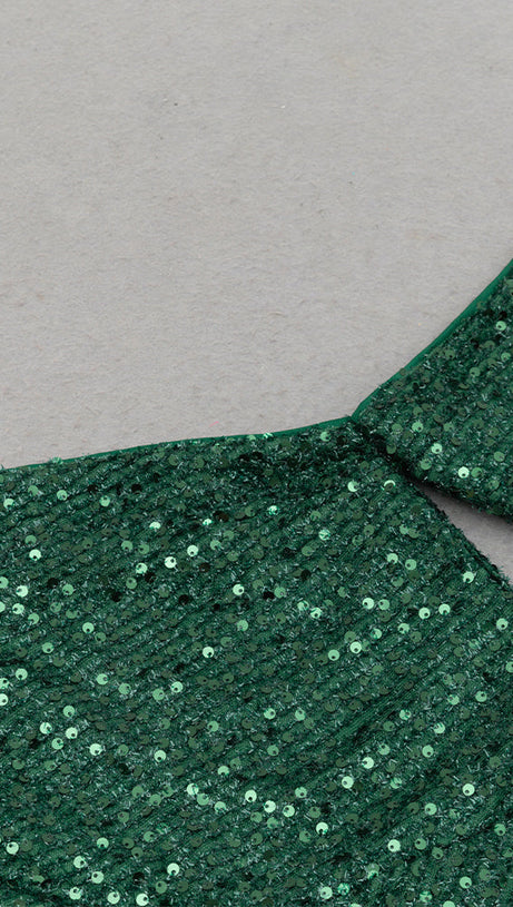 ASYMMETRIC SEQUIN CUT OUT MAXI DRESS IN GREEN