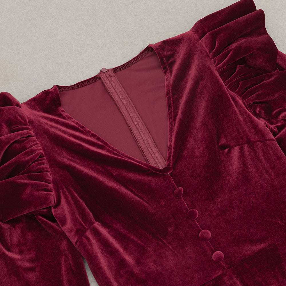 AIIZIE IRMA BURGUNDY V-NECK RUFFLE TRIM EMBELLISHED VELVET MAXI DRESS - product image