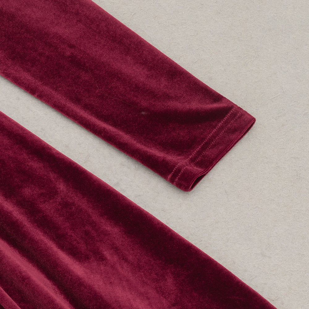 AIIZIE IRMA BURGUNDY V-NECK RUFFLE TRIM EMBELLISHED VELVET MAXI DRESS - product image