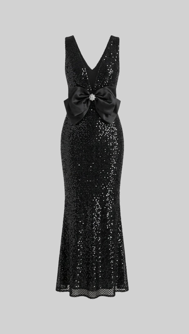 Sequin Maxi Dress With Satin Bow Detail - Black