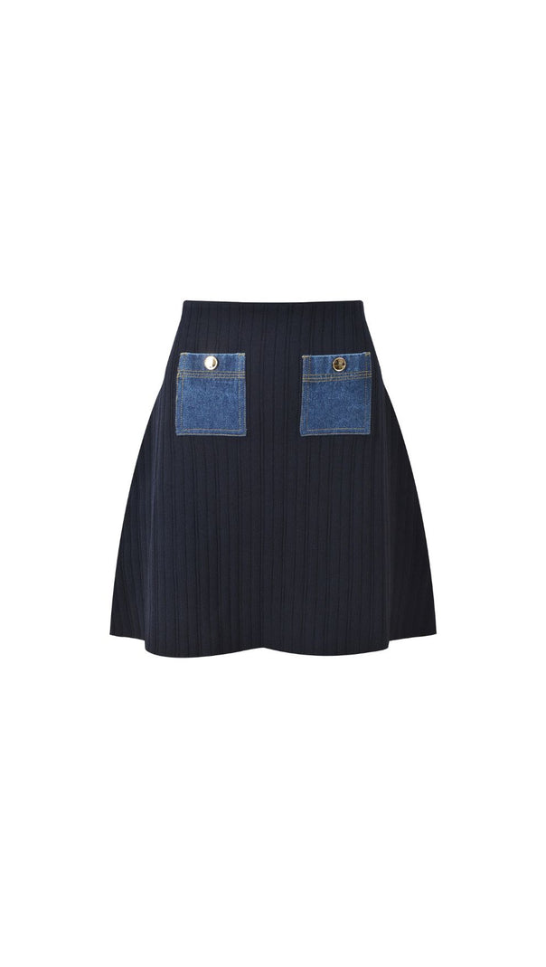 AIIZIE Chic Knit Ribbed Crop Top & Denim Pocket Mini Skirt Set - product image