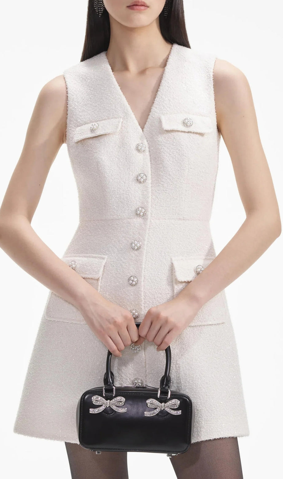 CREAM TINSEL BOUCLE BUTTONED MINI DRESS