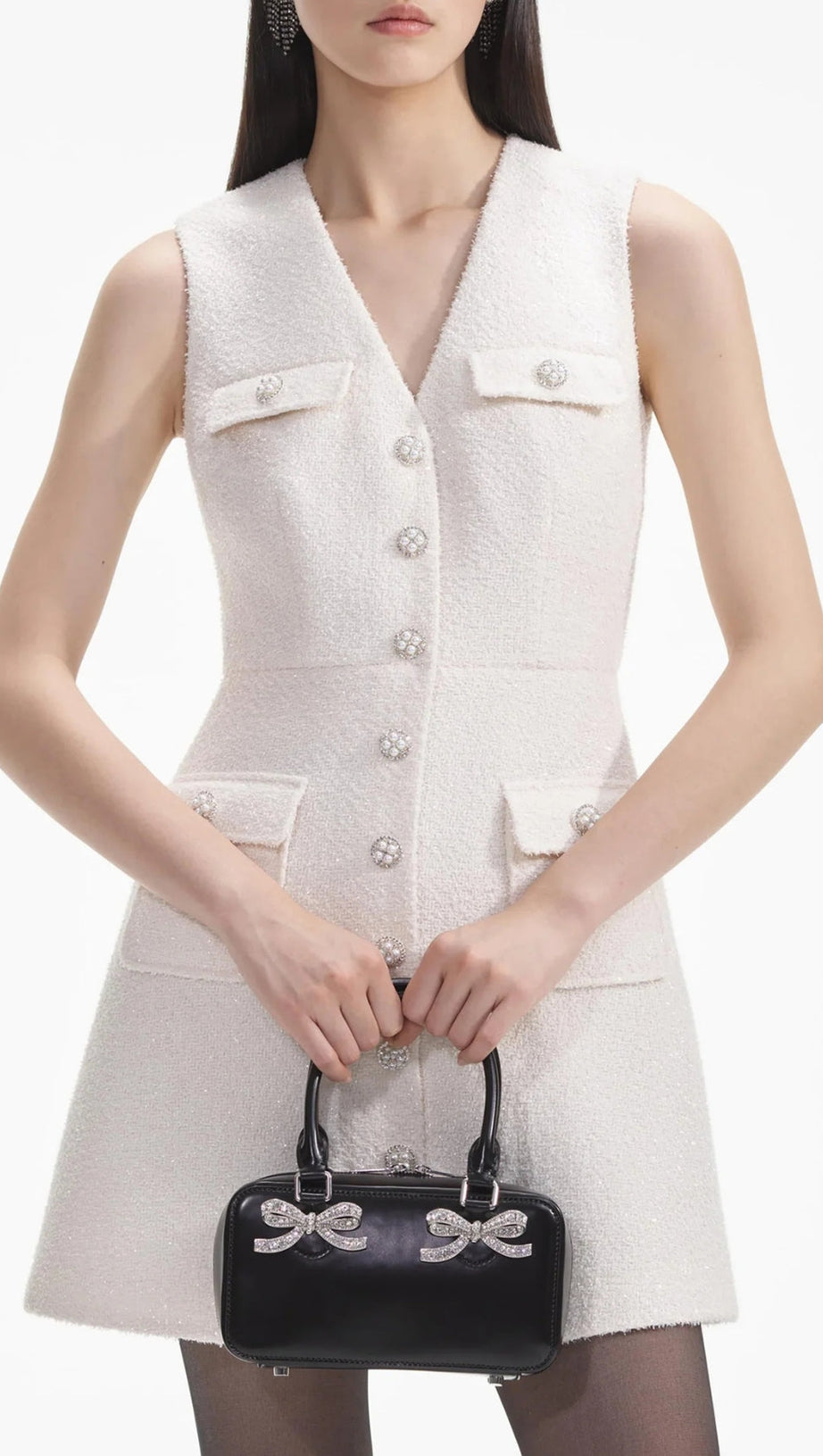 CREAM TINSEL BOUCLE BUTTONED MINI DRESS