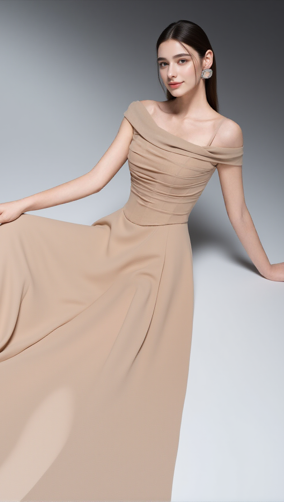 ABITO LUNGO IN CHIFFON DRAPPEGGIATO A TRAPEZIO COLOR NUDE