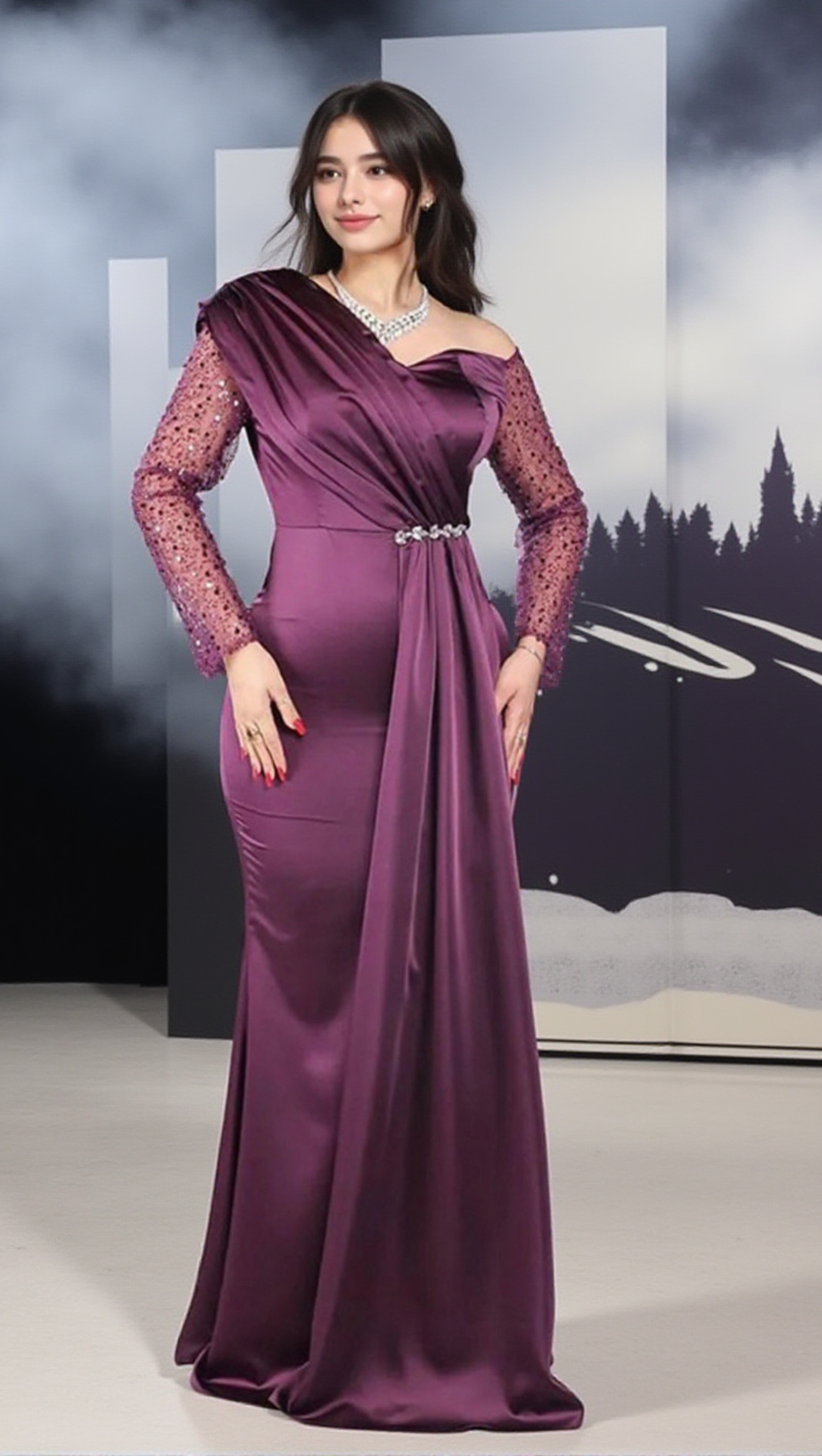 MAXI ABITO NOELIA CON RUCHES MANICHE LUNGHE