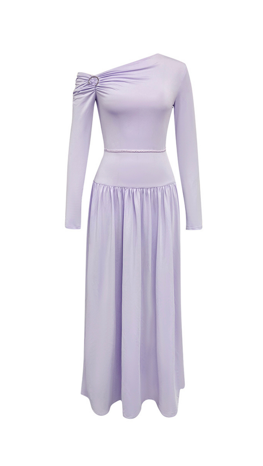 LAVENDER OFF-SHOULDER LONG-SLEEVED PLEATED MAXI DRESS