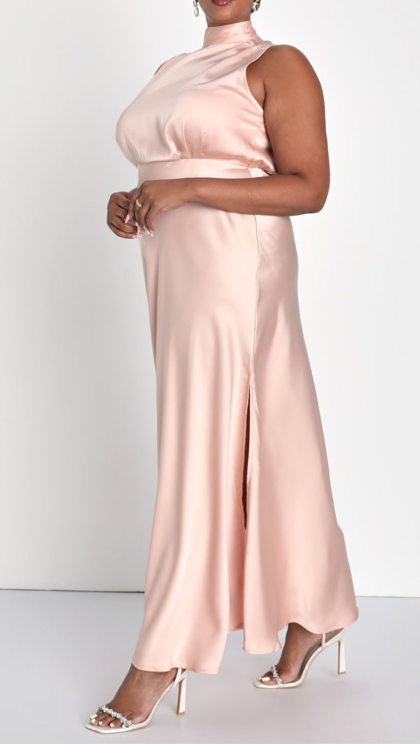 BLUSH SATIN SLEEVELESS MOCK NECK MAXI DRESS