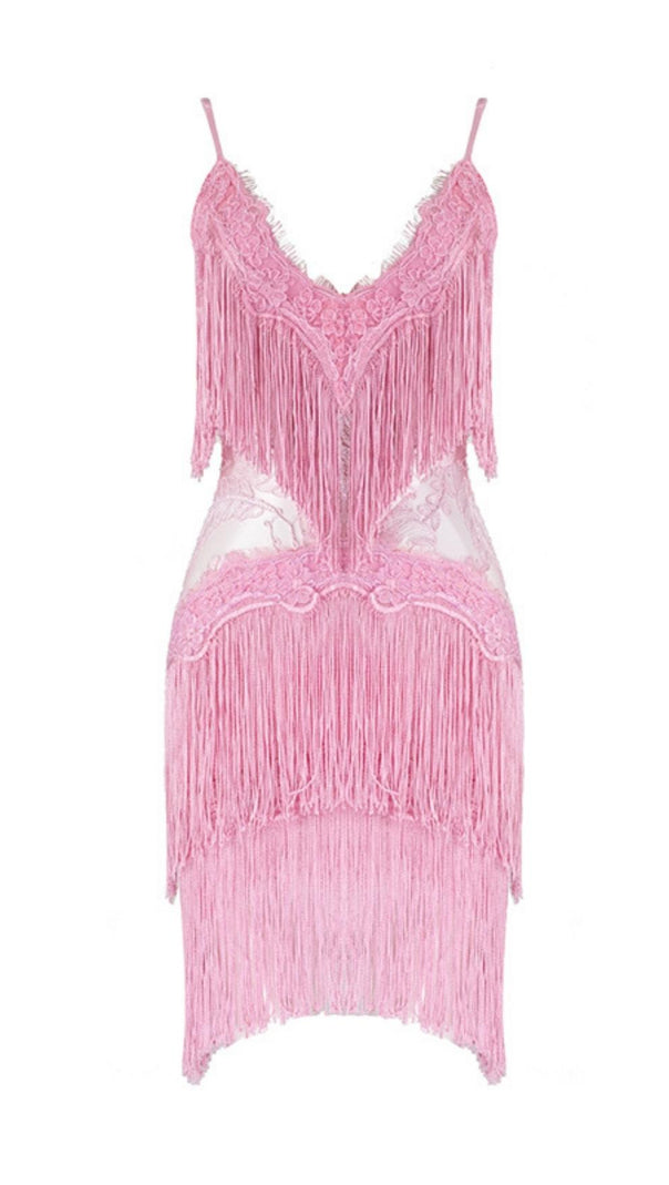 MINI ABITO IN PIZZO CON NAPPINE ROSA