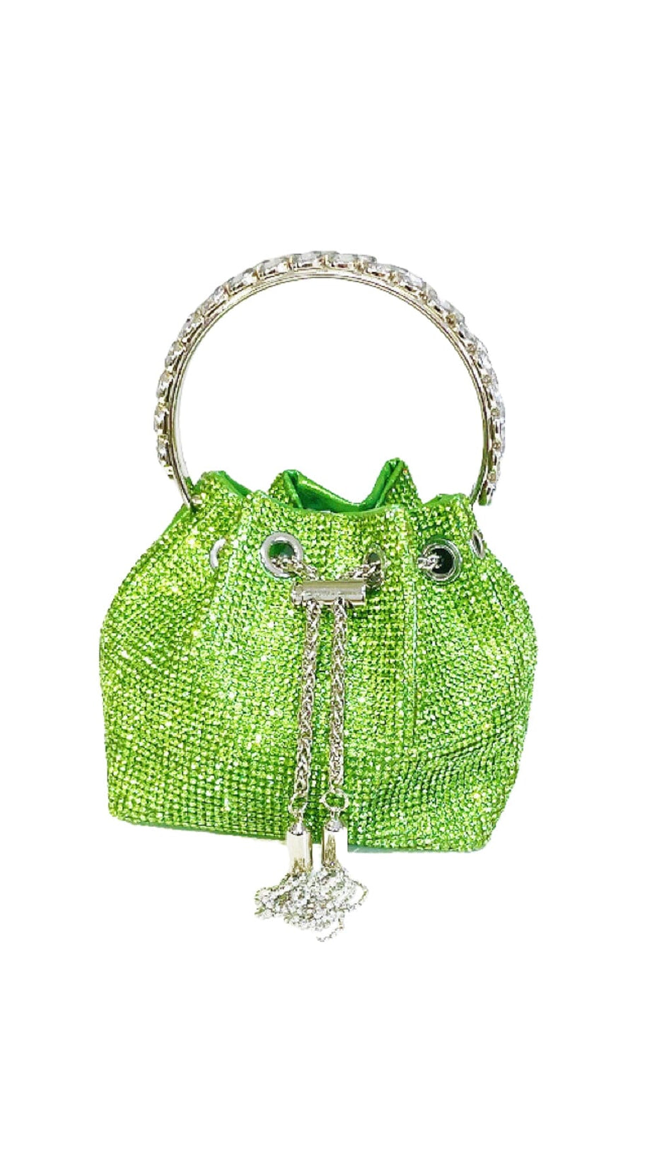 CRYSTAL EMBELLISHED BUCKET BAG IN GREEN