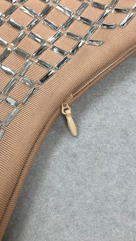 SEQUIN-EMBELLISHED SLIT MIDI DRESS IN APRICOT