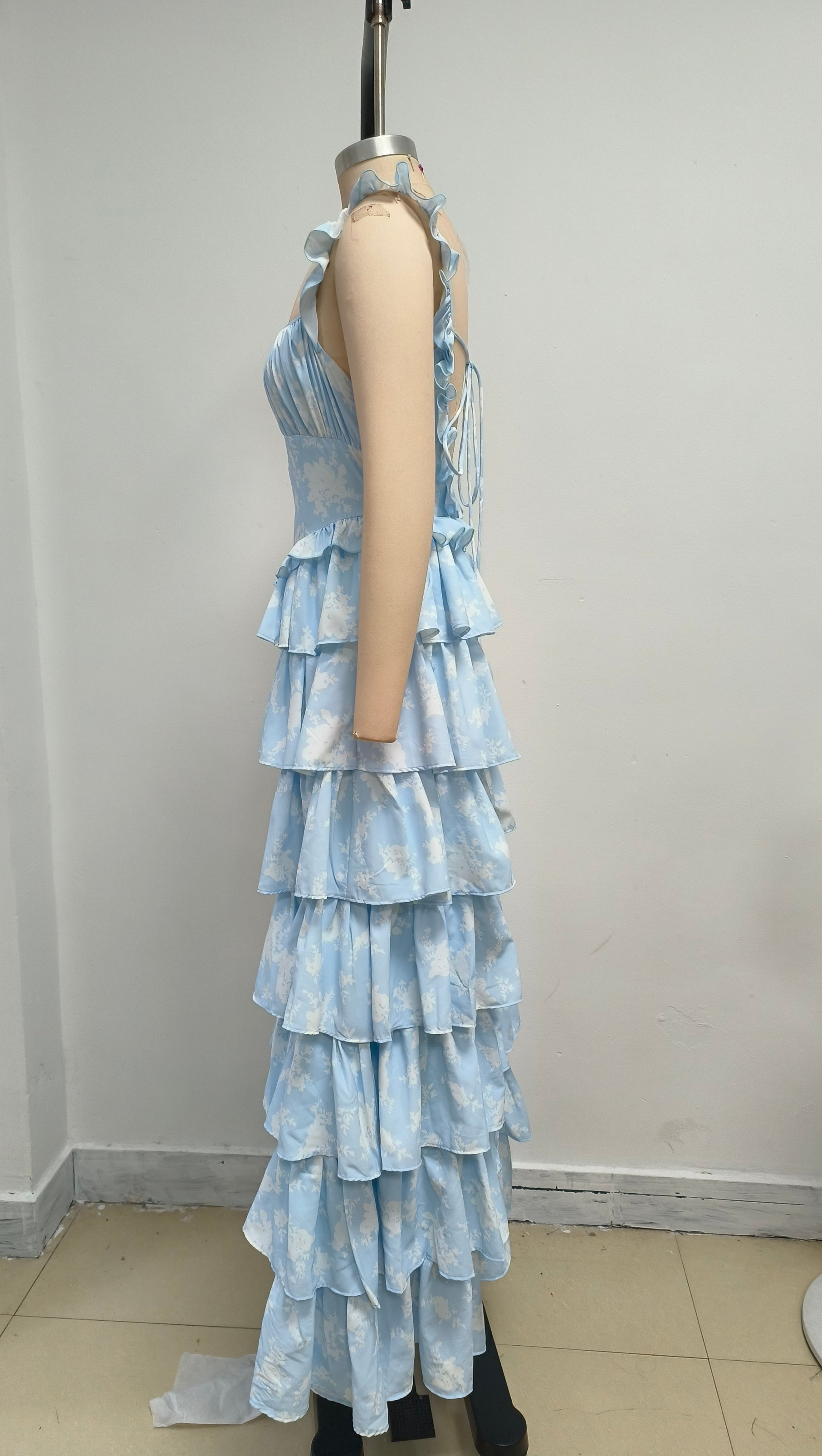 LIGHT BLUE SUSPENDER CAKE MAXI DRESS