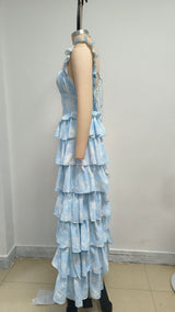 Light blue suspender cake maxi dress