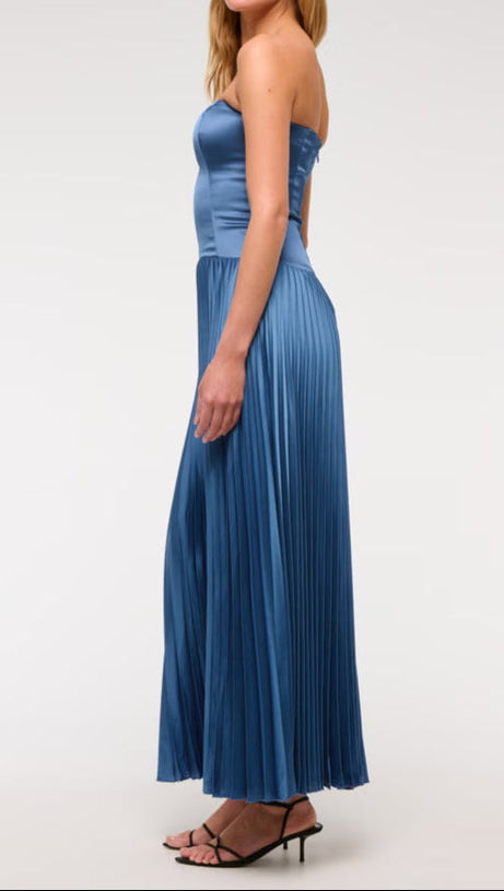 GISELLE PLEATED DROP-WAIST MAXI DRESS IN BLUE