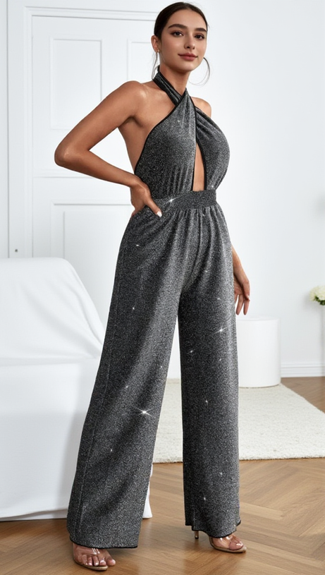Mirabelle – Neckholder-Jumpsuit in Schwarz-Silber