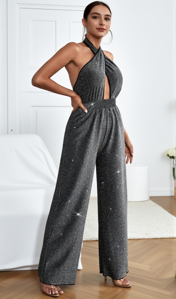 mirabelle halter jumpsuit in black silver