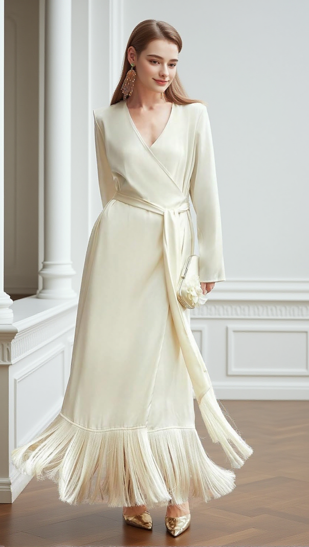 AIIZIE BELTED SATIN FRINGE-HEM DRESS IN BEIGE - product image