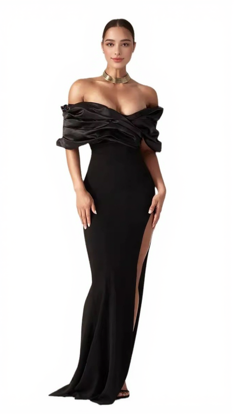 SOPHIA OFF SHOULDER RUCHED MAXI SLIT DRESS IN BLACK