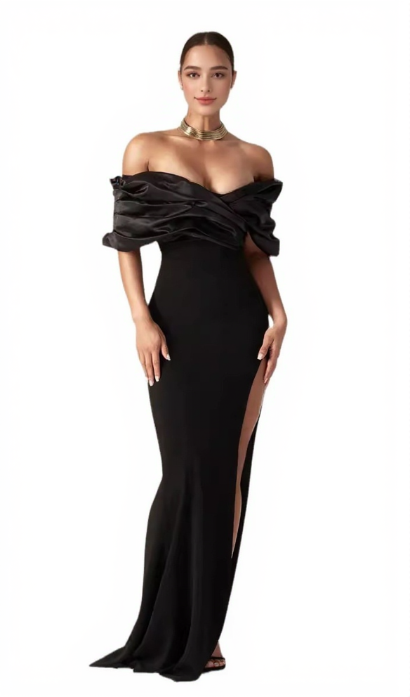 SOPHIA OFF SHOULDER RUCHED MAXI SLIT DRESS IN BLACK