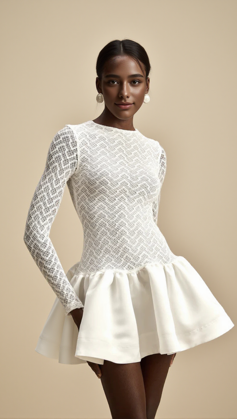 LACE PATCHWORK PUFF MINI DRESS IN WHITE