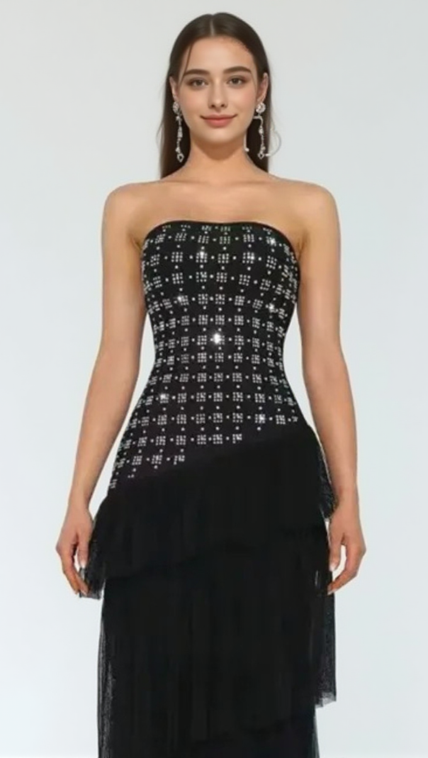 AIIZIE STRAPLESS CRYSTAL RUFFLE MAXI DRESS BLACK - product image