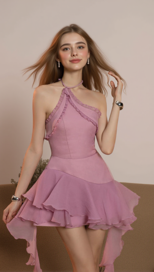 AIIZIE JESSICA HALTER RUFFLE TRIM MINI DRESS IN PURPLE - product image
