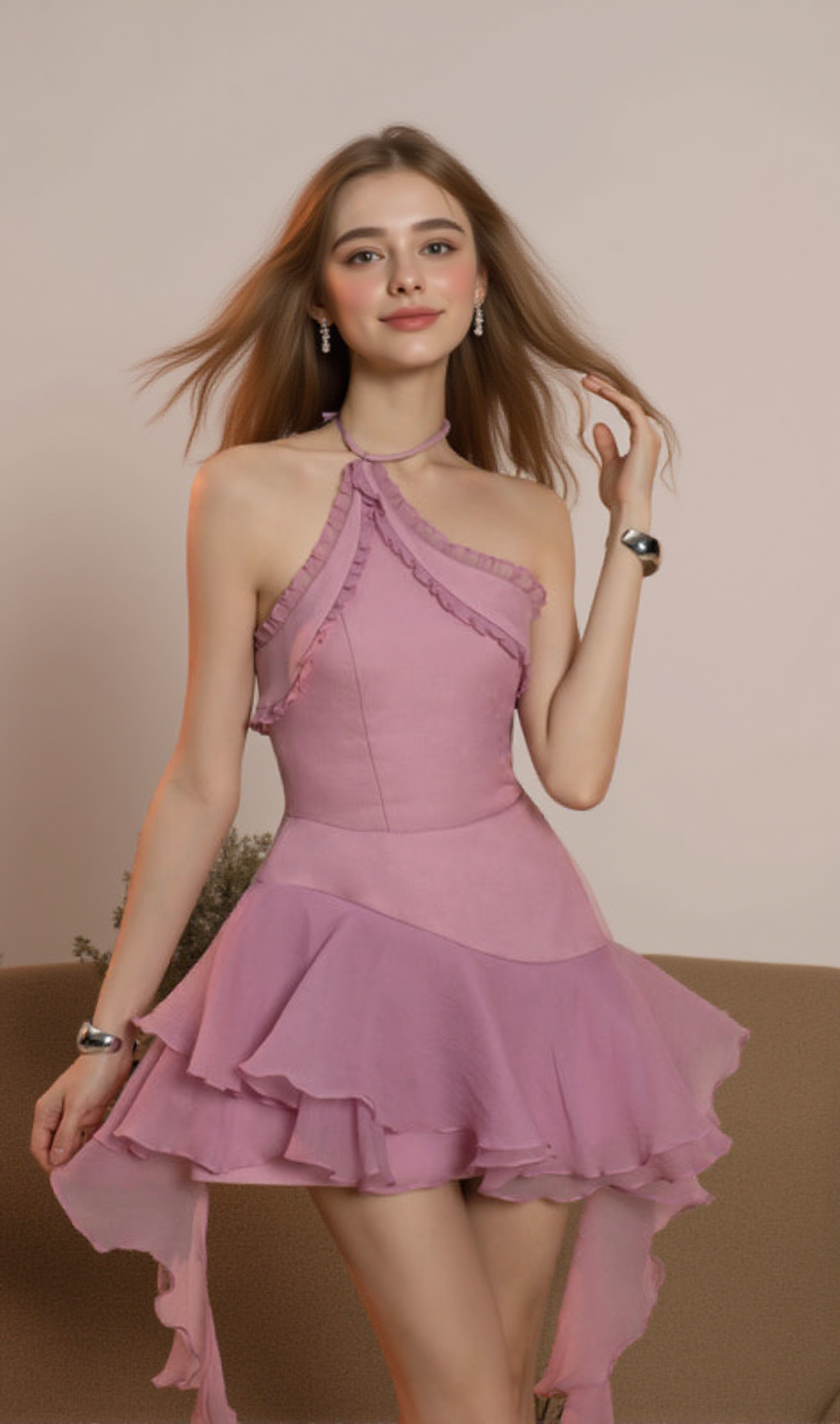 Jessica – Neckholder-Minikleid mit Rüschenbesatz in Lila