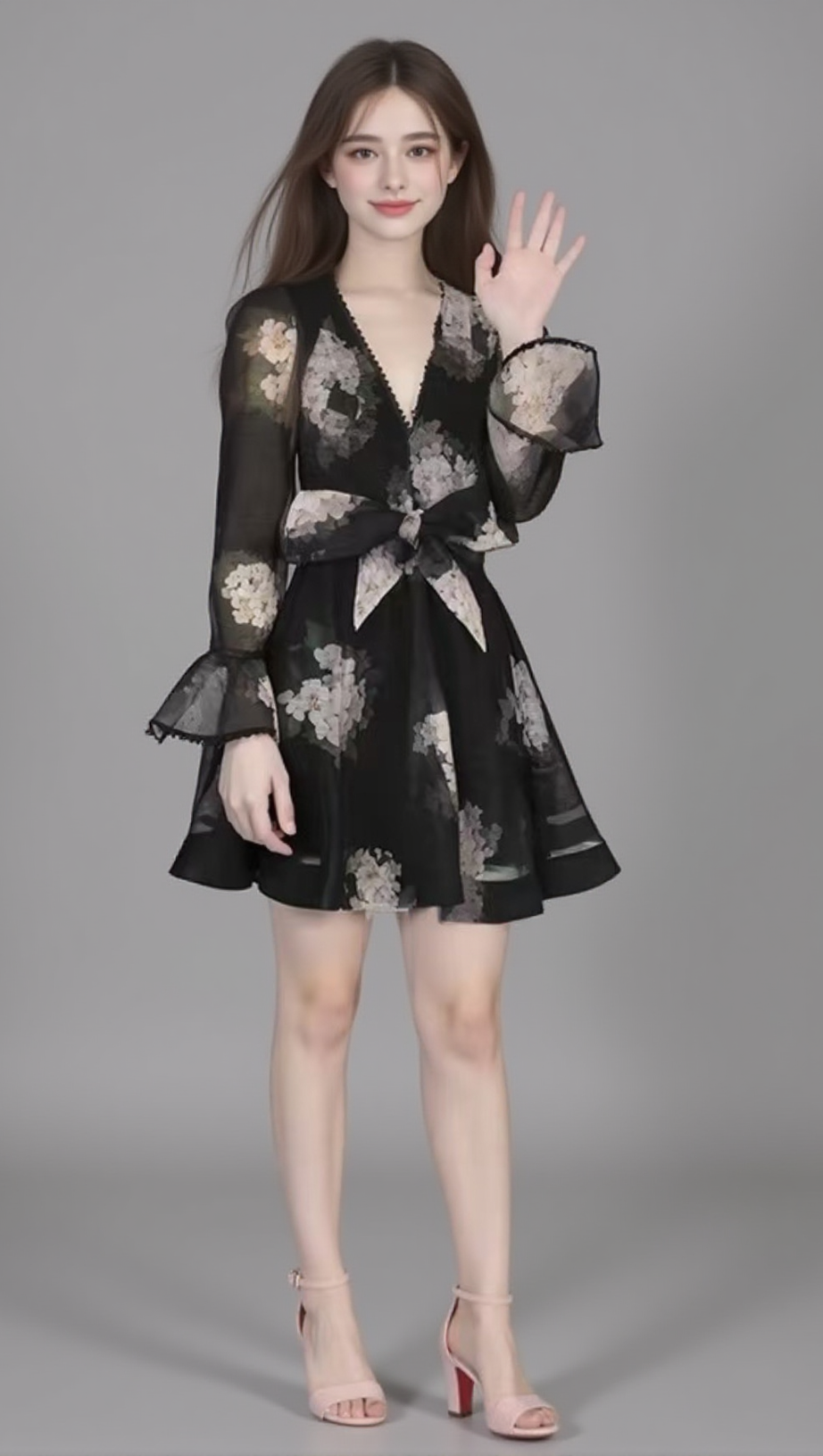 Langärmliges Minikleid mit Hortensienmuster