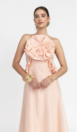 aurora Halter Neck Ruffle Maxi Dress in pink