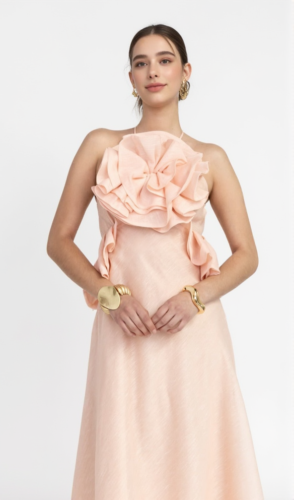 aurora Halter Neck Ruffle Maxi Dress in pink